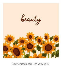 Sunflower field, postcard design. Floral summer background, sun flowers blossoming, square-shaped card. Blooming crop in nature. Beautiful gentle delicate wildflowers. Flat vector illustration