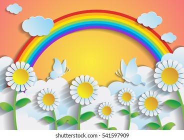 Sunflower field with rainbow and sky.paper art style.