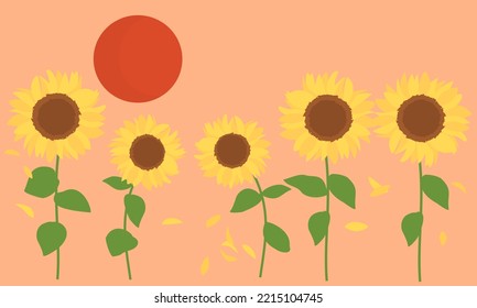 Sunflower Field, Red Sun And Flying Petals Vector Illustration. Wall Art Decoration. 