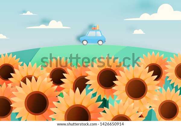 Sunflower field with road trip car\
and paper art style and pastel scheme vector\
illustration