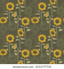 Sunflower field seamless pattern background. Hand drawn yellow and green fall illustration. Autumn wallpaper art. Lino stamp style.