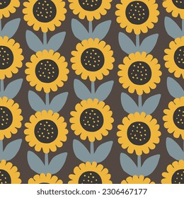 Sunflower field seamless pattern. Cute flowers seamless pattern in folk Scandinavian style, vector background