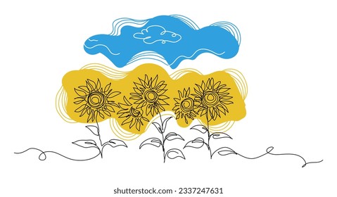 Sunflower field and sky simple vector line art illustration. One continuous line art drawing of sunflower field in colors of ukrainian flag blue and yellow.