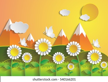 Sunflower field with summer season.paper art style.