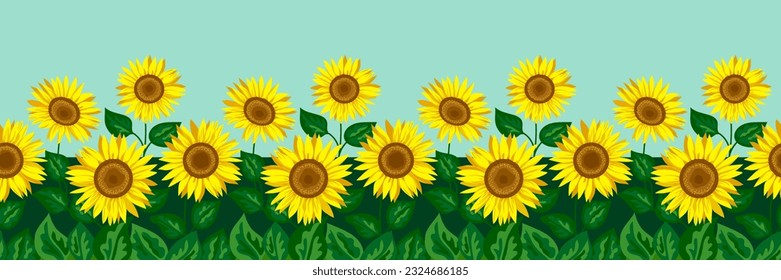 Sunflower field, sunny day landscape  border  background. Summer season nature scenery with under blue sky and beautiful sunflowers. Seamless pattern vector illustration