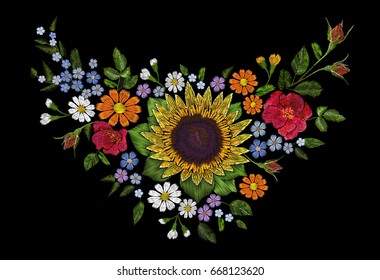 Sunflower field wild floral embroidery arrangement neckline decoration. Fashion textile floral clothing print. Colourful daisy small blue herb rose vector illustration art