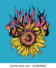 sunflower in flames hand drawn engraved illustration