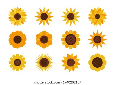 Sunflower flat icons set. Cartoon sunflowers plants. Stylized flowers for logo isolated on white background. Summer floral design vector illustration