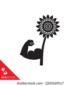 Sunflower flexing muscles vector glyph icon. Healthy plant-based nutrition symbol.