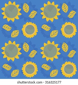 Sunflower floral blue and orange pattern or background. Vector flower natural sunny ornament illustration. Template for textile print.