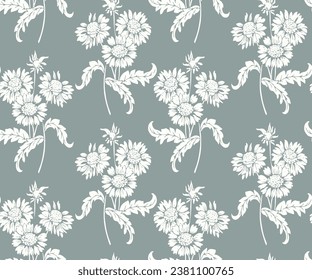 dibujo floral de girasol. Silhouettes de flores azules de fondo de estilo vintage. Elegante patrón botánico sin costura hecho de flores primaverales. textil, tela, papel pintado, diseño de superficie.