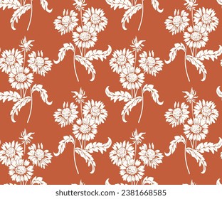 dibujo floral de girasol. Silhouettes de flores de fondo rojas de estilo vintage. Elegante patrón botánico sin costura hecho de flores primaverales. textil, tela, papel pintado, diseño de superficie.