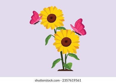 Sunflower and floral frame concept. Colored flat vector illustration isolated. 