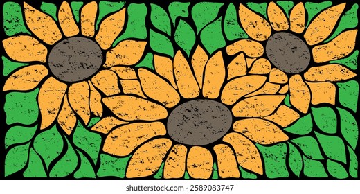 Sunflower. Floral horizontal retro background.Trendy hand drawn flowers infantile style. Seventies, groovy background. Decorative contemporary botanical elements. Vector naive art print