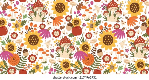 Sunflower floral pattern. Autumn floral seamless background, sunflower, mushrooms, bird pumpkin. Fall vector illustration. Hand drawn fall textile, print, wallpaper, package. Autumn repeated design