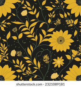 Blumenmuster der Sonnenblume, eleganter schwarzer Hintergrund, Spring-Design-Element, Einladungskartendekoration, Posterkunst, Grüße, Hochzeitsdekorationen