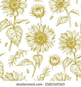 Sunflower, floral seamkess pattern, realistic hand drawing, vector illustration, engraving style