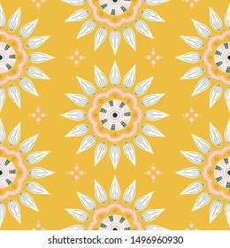 Sunflower floral seamless pattern. Abstract folk illustration with nature motif ornament