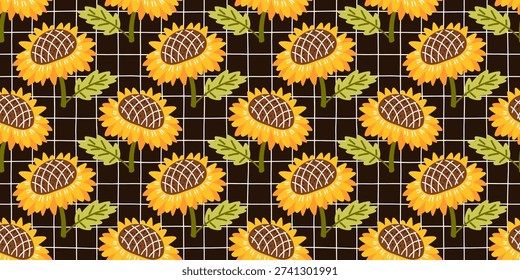 Sunflower floral seamless pattern simple and background cute autumn. Fall vector vintage with gingham modern checkered and whimsical print summer. Yellow can sunflower with harvest.
