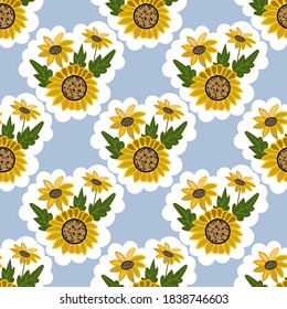 Sunflower floral seamless pattern. Yellow flowers, green leaves on a blue-gray background. This seamless pattern is a sunflower bouquet to create any print, textile, postcard, or more.