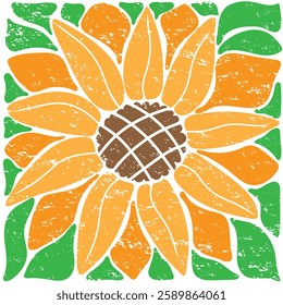 Sunflower. Floral square retro poster.Trendy hand drawn flowers infantile style. Seventies, groovy background. Decorative contemporary botanical elements. Vector naive art print
