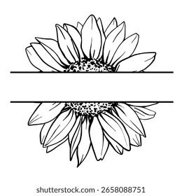 Primer plano de la flor de girasol con espacio para texto. Ilustración vectorial de girasol para etiquetas y productos. Boceto botánico en blanco y negro dibujado con tinta negra. Esquema dibujado a mano del grabado del ramo