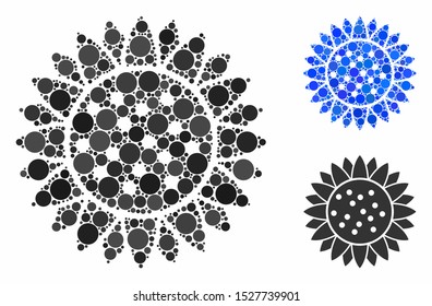 Sunflower flower composition of small circles in various sizes and color tones, based on sunflower flower icon. Vector small circles are organized into blue composition.