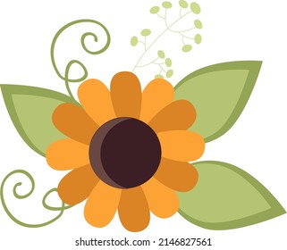 Sunflower flower with green herbs, flat vector illustration
