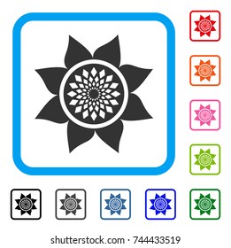 Sunflower Flower icon. Flat gray iconic symbol inside a blue rounded frame. Black, gray, green, blue, red, orange color versions of Sunflower Flower vector. Designed for web and app user interface.