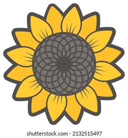 Sunflower flower icon. Large yellow flower with gray outlines. Yellow flower isolated on white background. 