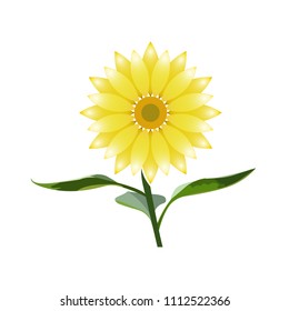 Sunflower flower icon with stem and three leaves, vector.