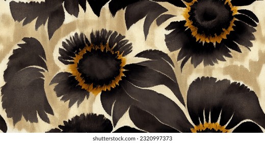 sunflower flower ikat tribal boho tie die colors flower seamless wallpaper. Motif ethnic handmade beautiful Ikat art. Ethnic abstract floral pink background art. 