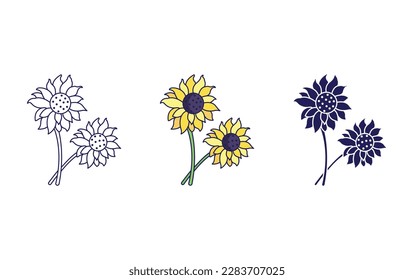 Sunflower flower line and solid vector icons