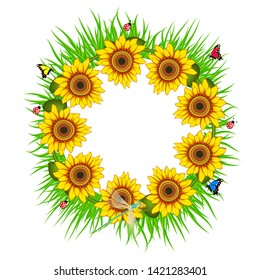 Sunflower flower round frame isolated