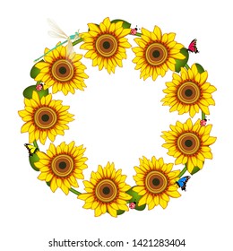 Sunflower flower round frame isolated