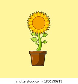 Sunflower in a flowerpot. icon flat, cartoon style. Isolated on cream background. Vector illustration, clip-art