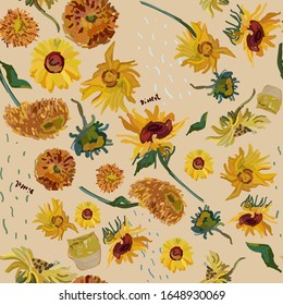 Sunflower Flowers On A Background Of Beige. Vector Illustration Based On The Oil Painting Of Van Gogh. Seamless Pattern.