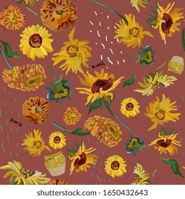 Sunflower Flowers On A Background Of Red. Vector Illustration Based On The Oil Painting Of Van Gogh. 