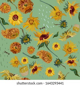 Sunflower flowers on a background of sea green. Vector illustration based on the oil painting of Van Gogh. Seamless pattern.