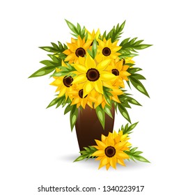 Sunflower flowers in a pot. Vector illustration. 