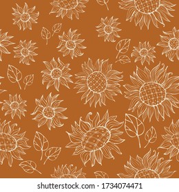 Flores de girasol sin costura. Fondo botánico en estilo doodle. Diseño para empaque, etiquetas, tela, papel, productos ecológicos, semillas de girasol, papel pintado. Gráficos vectoriales.
