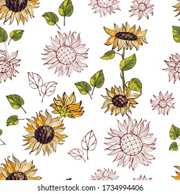 Sunflower flowers seamless pattern. Botanical background in doodle style. Design for packaging, labels, fabric, paper, eco products, sunflower seeds, wallpaper. Vector graphics.