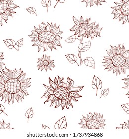 Sunflower flowers seamless pattern. Botanical background in doodle style. Design for packaging, labels, fabric, paper, eco products, sunflower seeds, wallpaper. Vector graphics.
