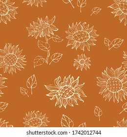 Sunflower flowers seamless pattern. Botanical background in doodle style. Design for packaging, labels, fabric, paper, eco products, sunflower seeds, wallpaper. Vector graphics.