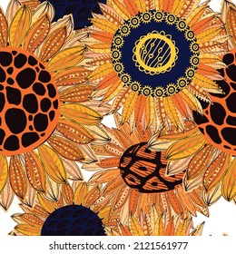 Sunflower flowers seamless pattern. Botanical background. Design for packaging, labels, fabric, paper, eco products, sunflower seeds, wallpaper. Vector graphics.