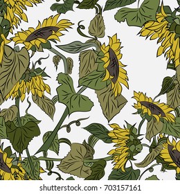 Sunflower flowers. Seamless pattern, bright, hand-drawn