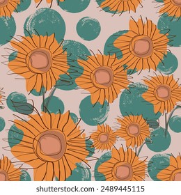 Sunflower flowers and textured circles in retro colors. Seamless pattern. Template for design of fabric, textile, wrapping