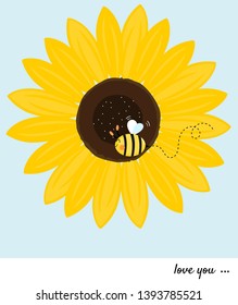 Sunflower with flying bee  isolated on blue background vector illustration.