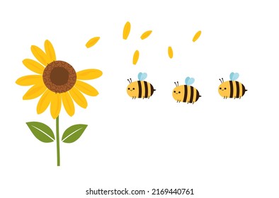 Sunflower, Flying Petals  And Bee Cartoons Isolated On White Background Vector Illustration.