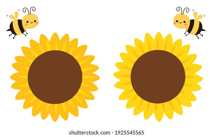 Sunflower frame with bee cartoon icon isolated on white background vector illustration.